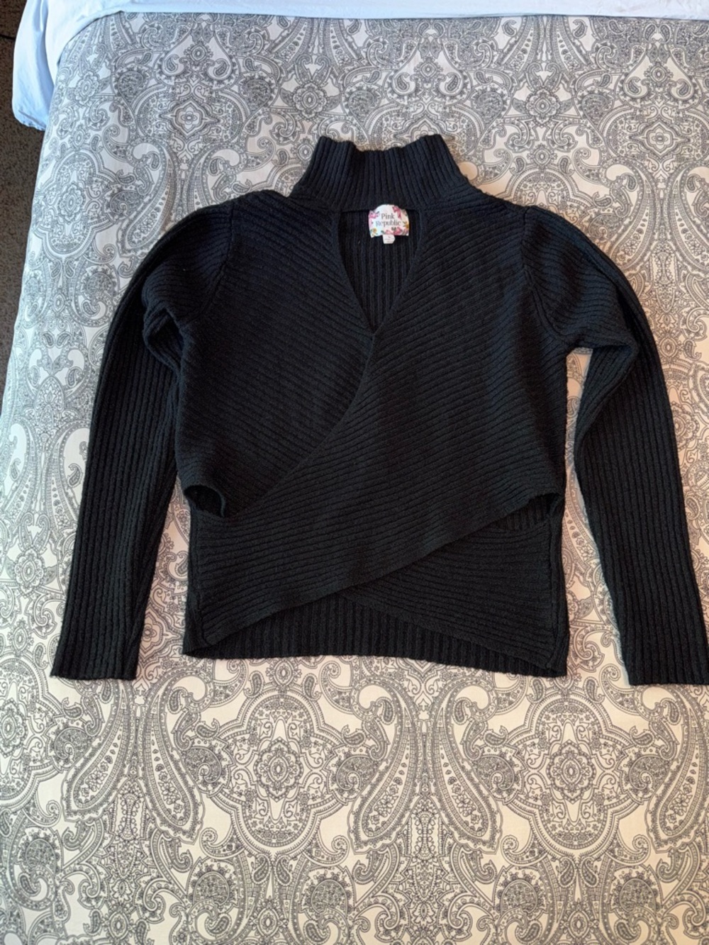 Black Ribbed Wrap Mock Neck Sweater with Cutout